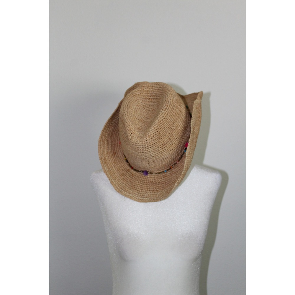 Hat Attack Tan Straw Fedora Sun Hat with Beaded Pom Pom Band Women's